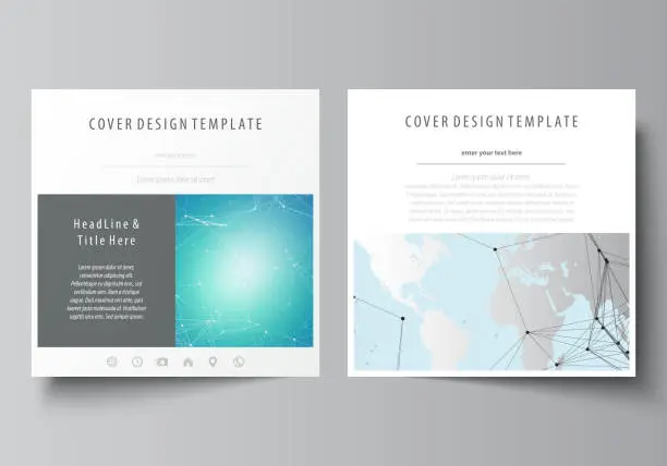 Vector illustration of The minimalistic vector illustration of the editable layout of two square format covers design templates for brochure, flyer, booklet. Futuristic high tech background, dig data technology concept.