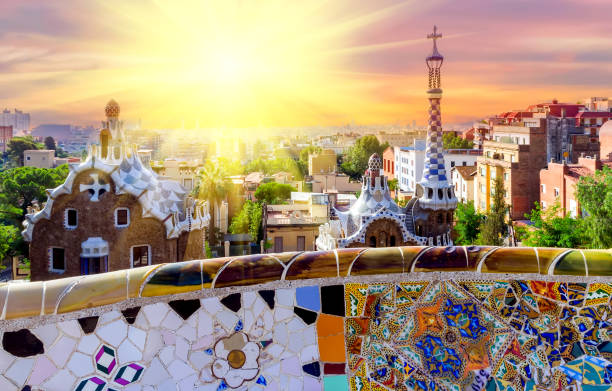istock Spring sunset  Barcelona Gaudi bench mosaic 1086318556