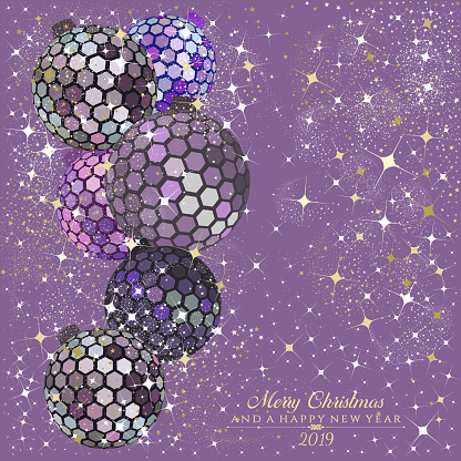 Hexagon disco balls in mauve and rose gold with stars and sparkles on a mauve background with the text Merry Christmas and a Happy New Year 2019