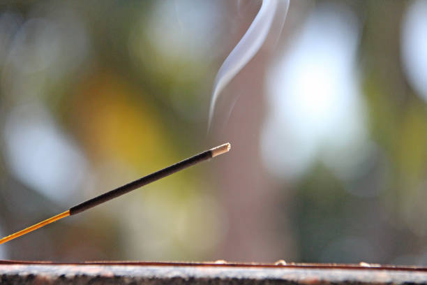 Incense stick and smoke from incense burning. Beautiful smoke. Blurred background and design with copy space.