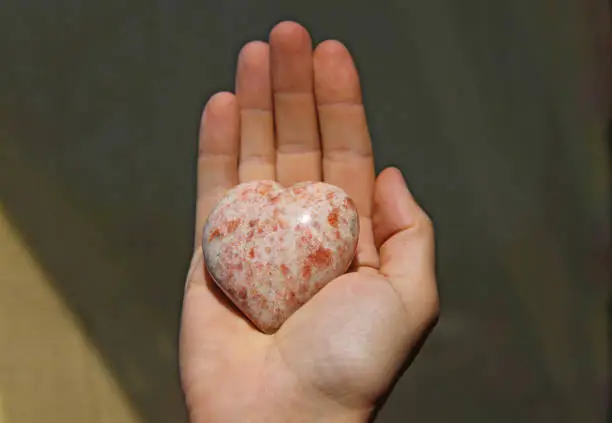 The hand holds the heart from natural stone rhodochrosite. Heart in hand. A stone in the shape of a heart. Love talisman, zen, spa.