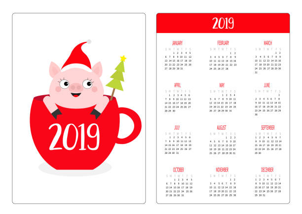 illustrations, cliparts, dessins animés et icônes de piggy pig dans la tasse de thé café rouge. bonnet de noel, neige. poche simple calendrier mise en 2019 nouvel an. la semaine commence le dimanche. personnage de dessin animé mignon. orientation verticale. design plat. fond blanc. - day of the week