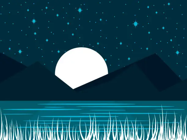 Vector illustration of Night river landscape with a full moon. Midnight lake with moonlight. Vector illustration