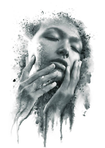 istock Paintography. Double exposure of a sensual peaceful asian model gently touching her face combined with hand drawn ink and watercolour paintings, black and white 1086340848
