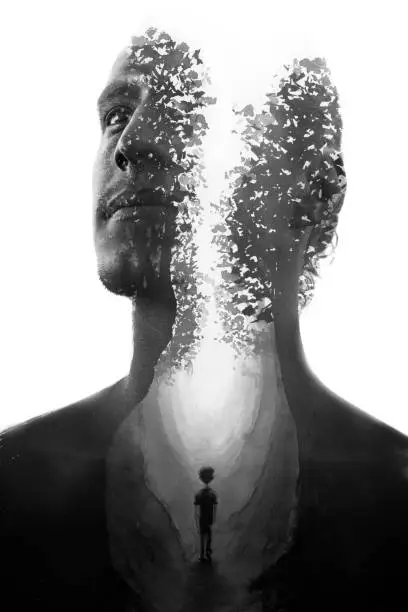 Photo of Paintography. Double exposure portrait combined with hand drawn painting tells a story and gives a mysterious feeling