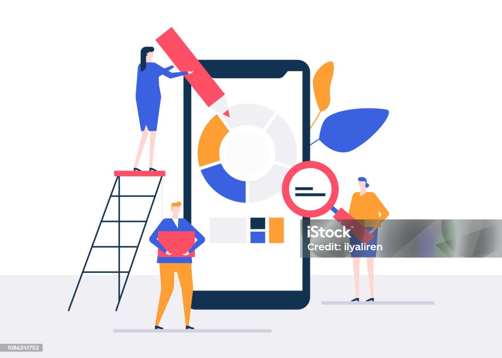 Data analysis - flat design style colorful illustration Data analysis - flat design style colorful illustration on white background. High quality composition with male, female colleagues processing information on a smartphone. Business analytics concept Mobile App stock vector