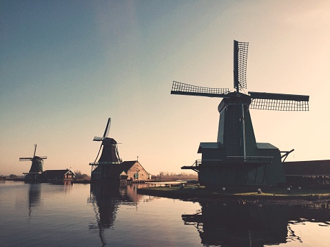 Zaanse Schans windmills at sunrise.