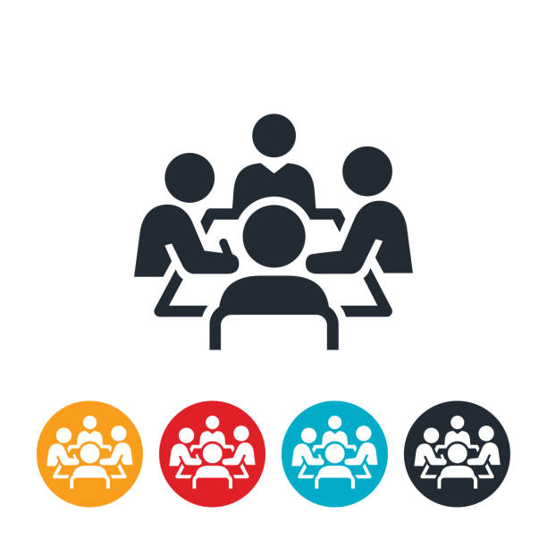Boardroom Meeting Icon An icon of a boardroom meeting. Four business people sit around a boardroom table as part of the meeting. conference table stock illustrations