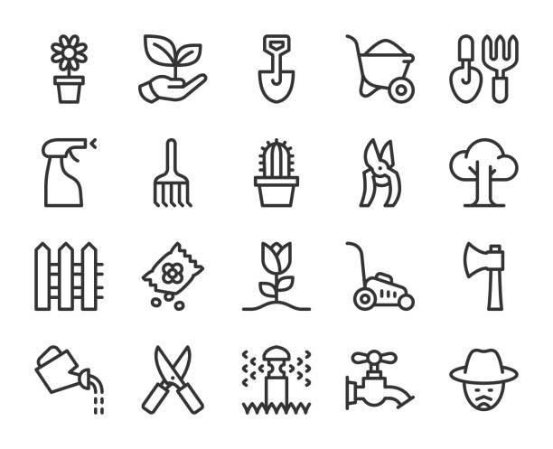 ilustraciones, imágenes clip art, dibujos animados e iconos de stock de jardinería - los iconos de línea - shovel