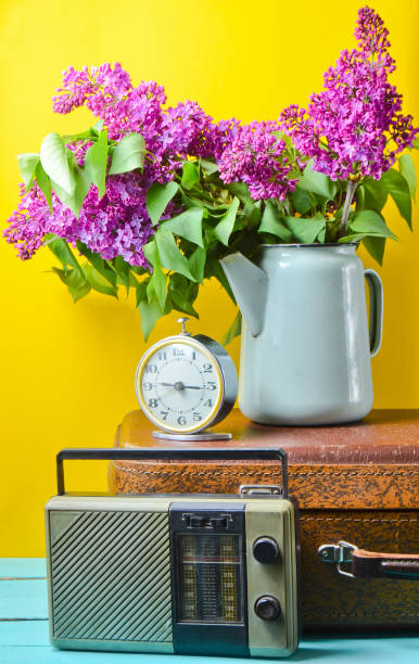 bouquet of lilacs in enameled kettle on antique suitcase, vintage radio, alarm clock on yellow background. retro style still life - radio old fashioned antique yellow imagens e fotografias de stock