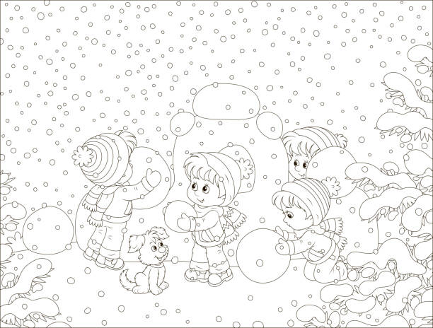 작은 아이 눈이 요새를 구축 - playground snow winter little girls stock illustrations