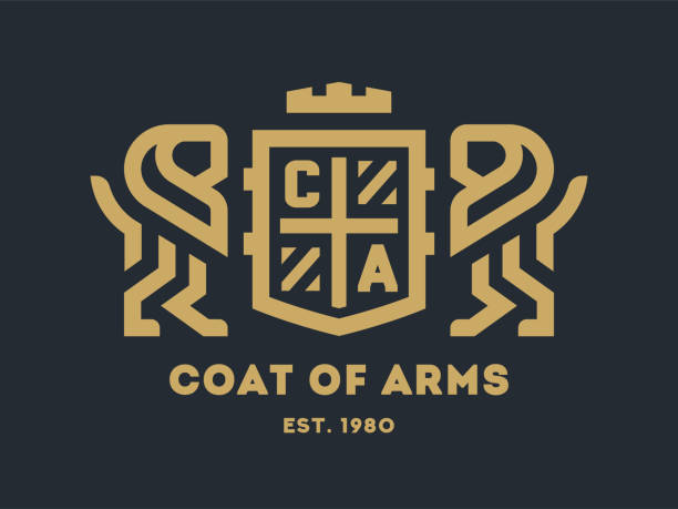Coat of arms with two lions and a shield. Coat of arms with two lions and a shield on a dark background. royal shield stock illustrations