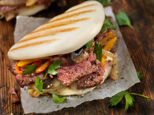 Steak and Peppers on Grilled Bao Buns