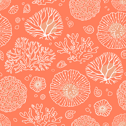 Colorful background for the design and decoration of fabrics, wallpapers, home textiles, packaging and surfaces. Seamless vector pattern on the marine theme with beautiful corals.