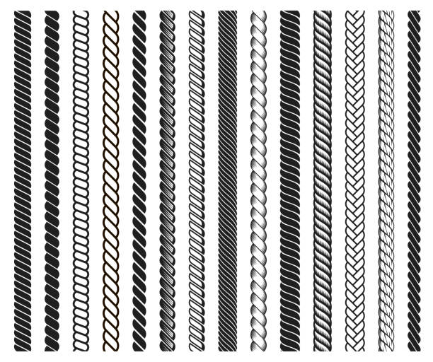 로프 브러쉬 프레임, 장식 블랙 라인 세트 - rope circle lasso twisted stock illustrations