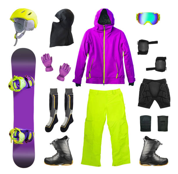 set of snowboard and clothing - snowboard boot imagens e fotografias de stock