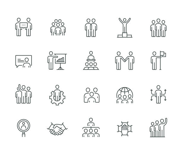 ilustraciones, imágenes clip art, dibujos animados e iconos de stock de negocio de gente delgada línea serie - planning leadership togetherness connection