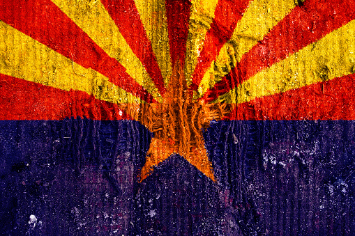 Arizona state flag on grunge textile fabric with displace
