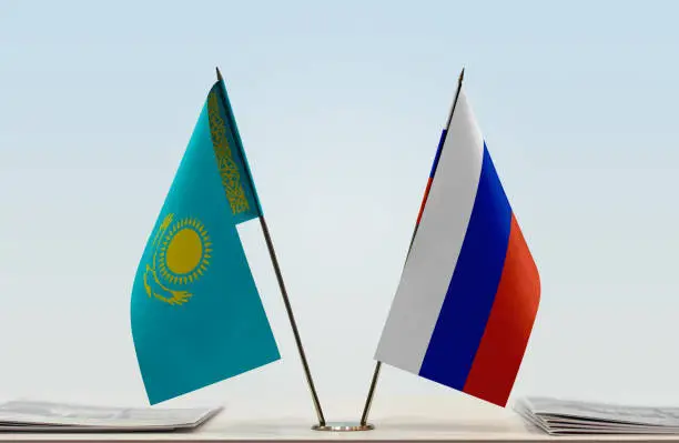 Two table flags of Kazakhstan and Russia