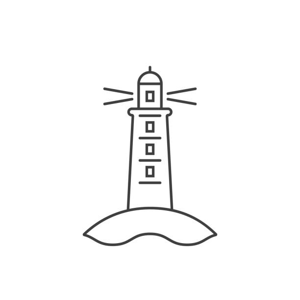 ilustrações, clipart, desenhos animados e ícones de ícone de farol linha fina preta - lighthouse beacon sailing storm