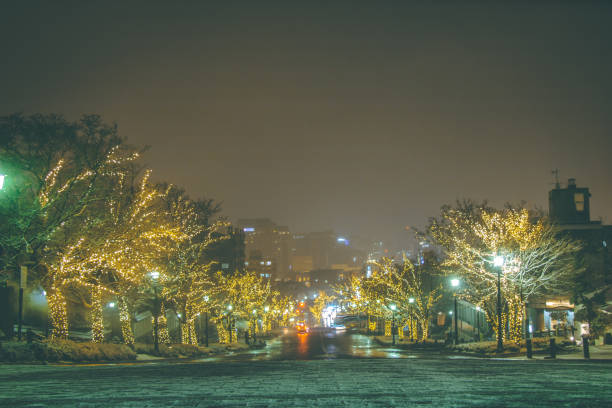 istock Snow is falling, Christmas Street tree night light and illumination view on trees, see the yacht from top hill on road direct to Hakodate Harbor at Motomachi Area, Hokkaido, Japan. 1086431668
