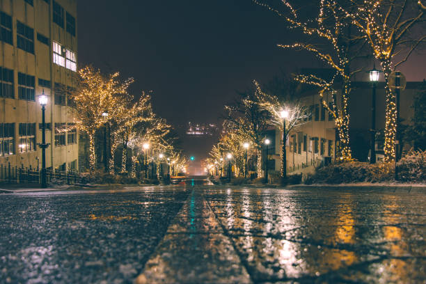 istock Snow is falling, Christmas Street tree night light and illumination view on trees, see the yacht from top hill on road direct to Hakodate Harbor at Motomachi Area, Hokkaido, Japan. 1086431766