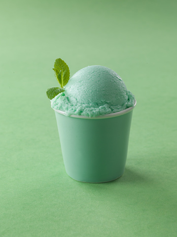 Sweet Homemade Mojito Ice Cream with fresh mint leaf on mint background.