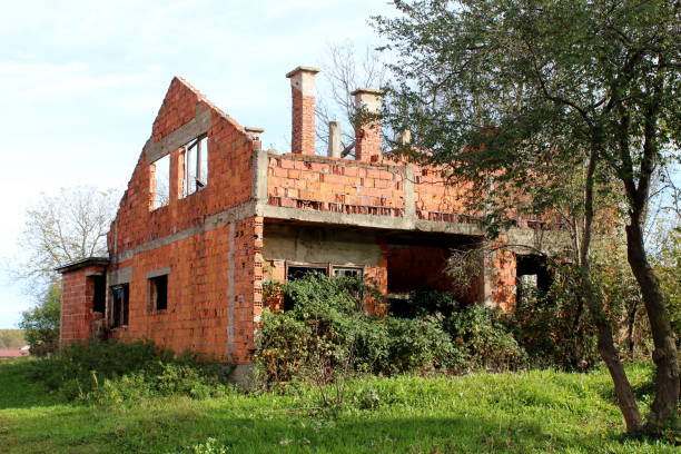 istock Unfinished abandoned brick house surrounded with high vegetation 1086446008