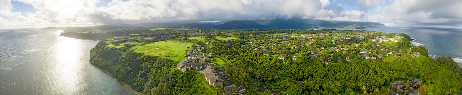 Princeville Kauai Hawaii Sunrise Aerial Panoramic Landscape View