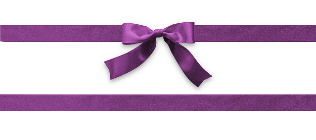 Mulberry purple bow ribbon band magenta satin stripe fabric (isolated on white background with clipping path) for Christmas holiday gift box, greeting card banner, present wrap design decoration ornament
