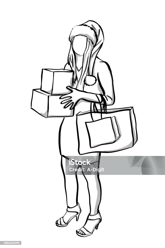 Last Minute Shopping Lady Young woman dressed up for a Christmas party and carrying presents Addiction stock vector