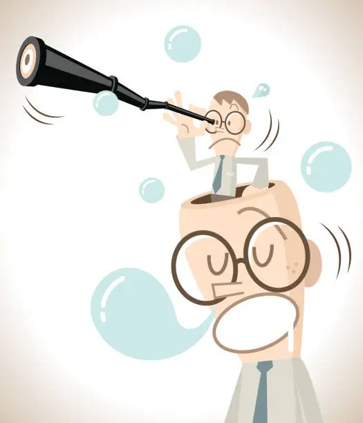 Vector illustration of Businessman (Student) with hand-held telescope standing in an sleeping tired open head