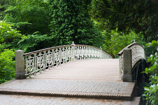 A bridge in Vondelpark in Amsterdam on a cloudy and overcast day.