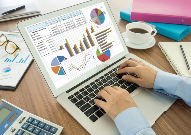 business financial data analysis - spreadsheet financial figures computer computer monitor imagens e fotografias de stock