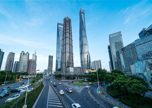 Low angle view of three landmarks of Shanghai, which are Shanghai World Financial Center, Jin Mao Tower and Shanghai Tower.