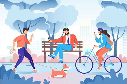 City park with relax people with cellphone, dog on bench, bicycle. Concept young woman and man for walk. Vector illustration.