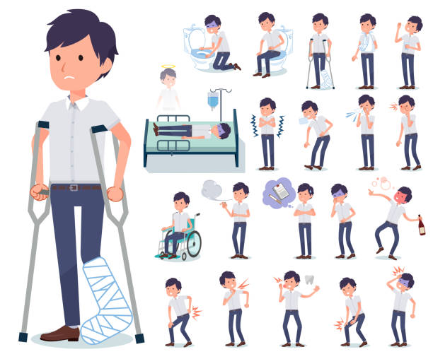 ilustrações de stock, clip art, desenhos animados e ícones de flat type white short sleeved men_sickness - headache pain men illness