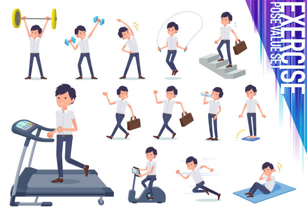 illustrazioni stock, clip art, cartoni animati e icone di tendenza di flat type bianco a maniche corte men_exercise - weight scale dieting weight loss