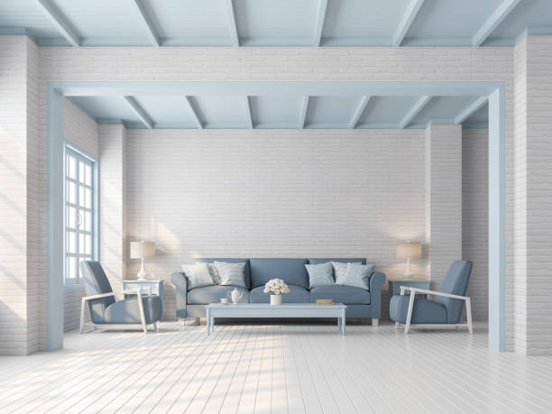 istock Pastel living room with white and blue vintage style 3d render 1086505256