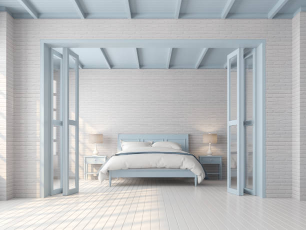 istock Vintage bedroom with blue and white pastel color 3d render 1086506422