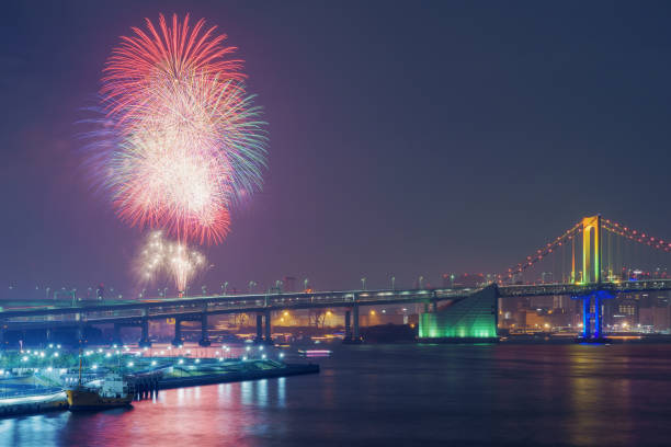 istock Fireworks and Rainbow Bridge in Tokyo at Night 1086507844