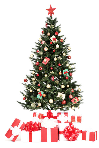 istock Christmas tree with decorations and gift boxes isolated on white background 1086524956