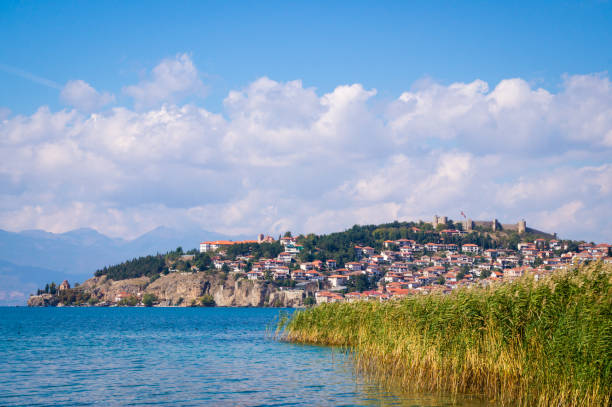 coastal view of ohrid, a historical city by the lake ohrid, macedonia. - wouter imagens e fotografias de stock