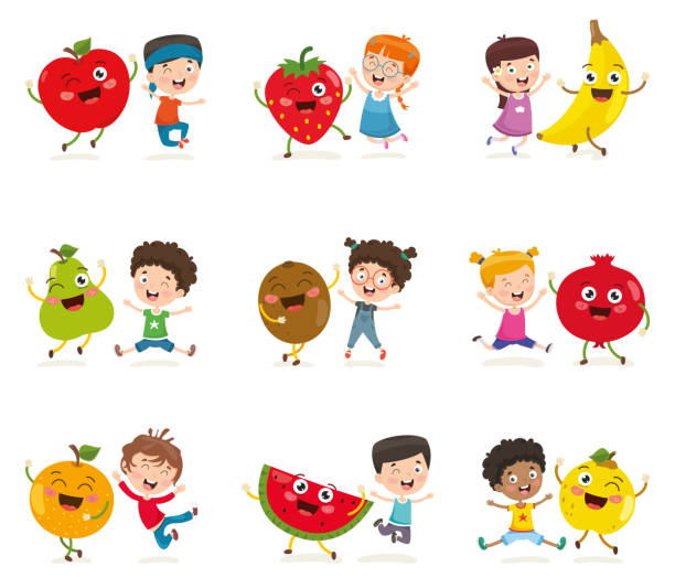 아이와 과일 문자 벡터 일러스트 레이 션 - apple eating healthy eating friendship stock illustrations