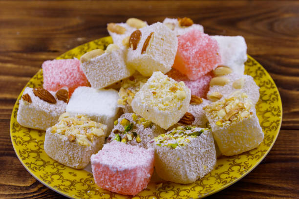 istock Turkish delight in a plate on wooden table 1086531048