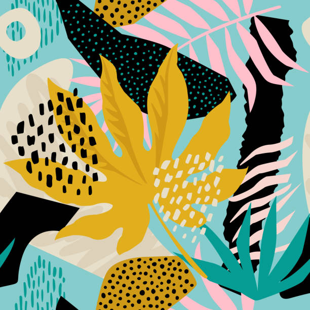 ilustraciones, imágenes clip art, dibujos animados e iconos de stock de collage floral hawaiano. diseño sin fisuras de la superficie. - bosque pluvial ilustraciones