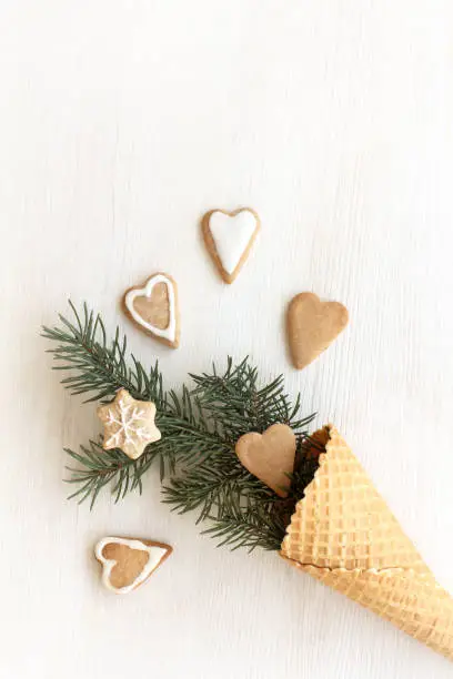 hearts, snowflake and spruce branch in a waffle cone