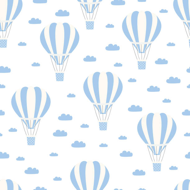 Hot air balloon with cloud seamless pattern. Vintage children illustration. Cute print and wallpaper vector design. Hot air balloon with cloud seamless pattern. Vintage children illustration. Cute print and wallpaper vector design. balloon patterns stock illustrations