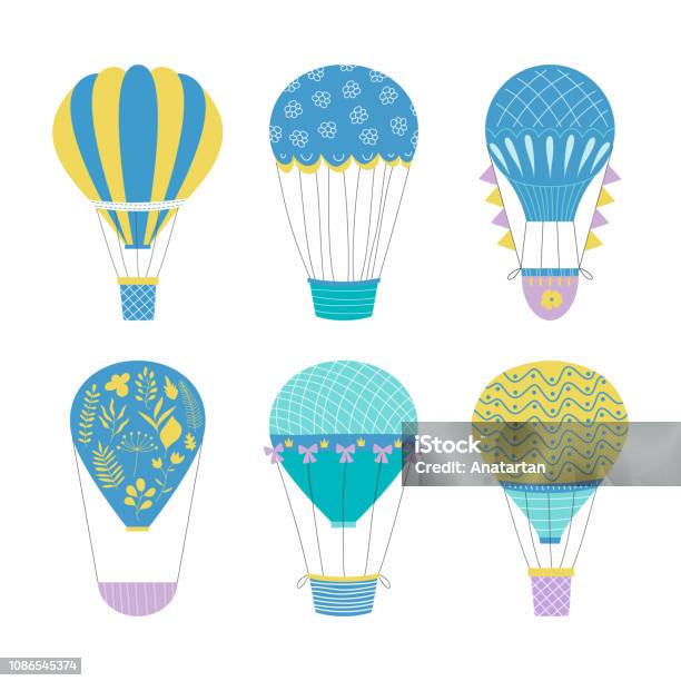 Set Of Hot Air Balloons Cute Baby Illustration Vector Travel Concept Stock Illustration - Download Image Now