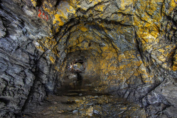 Golden rock in the old mine Tunnel in an old gold mine gold mine stock pictures, royalty-free photos & images